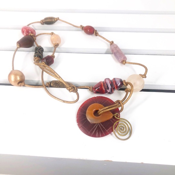 BEADED funky Boho Copper tie lace NECKLACE Metal beads UNIQUE EUC - Picture 2 of 10